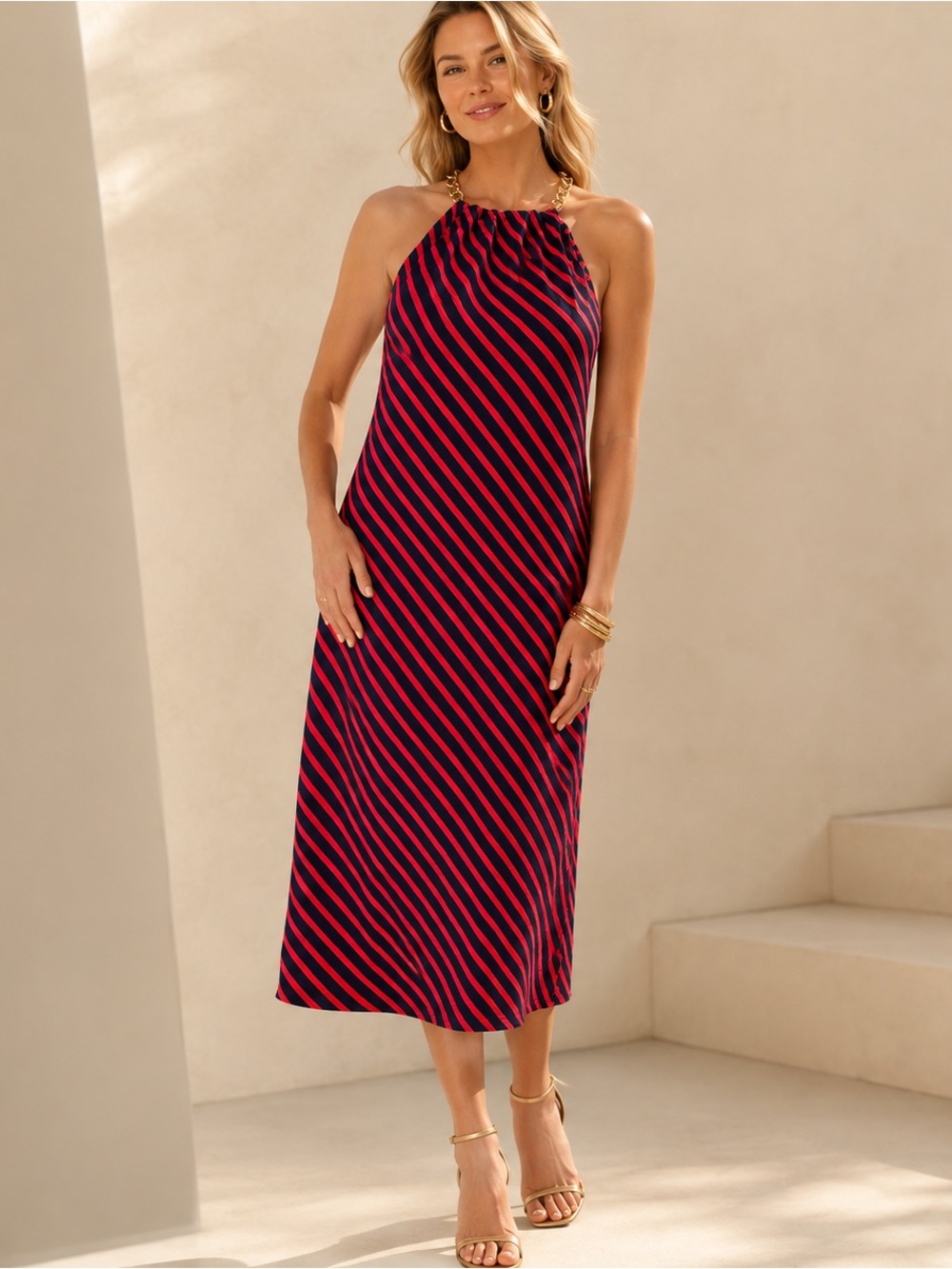 Lauren Ralph Lauren Red & Navy Striped Chain Halter Neck Dress Sz 4 EUC Nautical